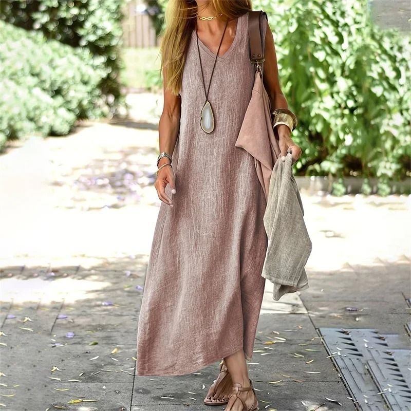 Womens V Neck Cotton Linen Loose Waist Sleeveless Summer Dress 10