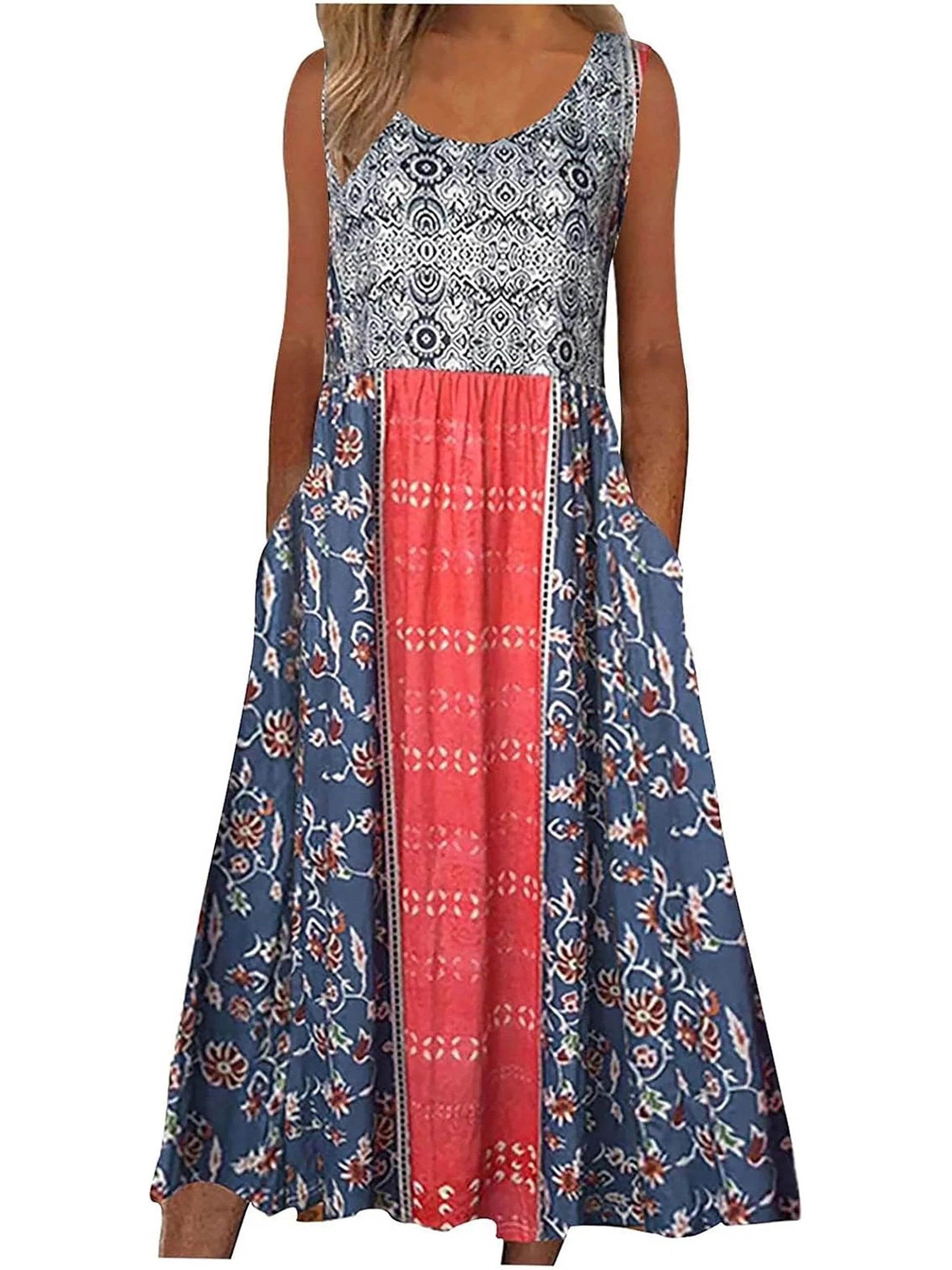 Womens Sleeveless Bohemian Floral Midi Sundress With Pockets 1