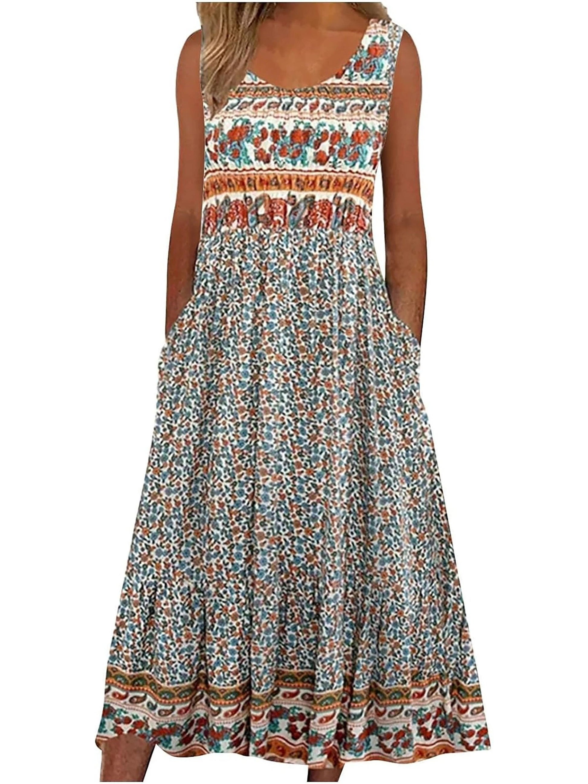 Womens Sleeveless Bohemian Floral Midi Sundress With Pockets 2