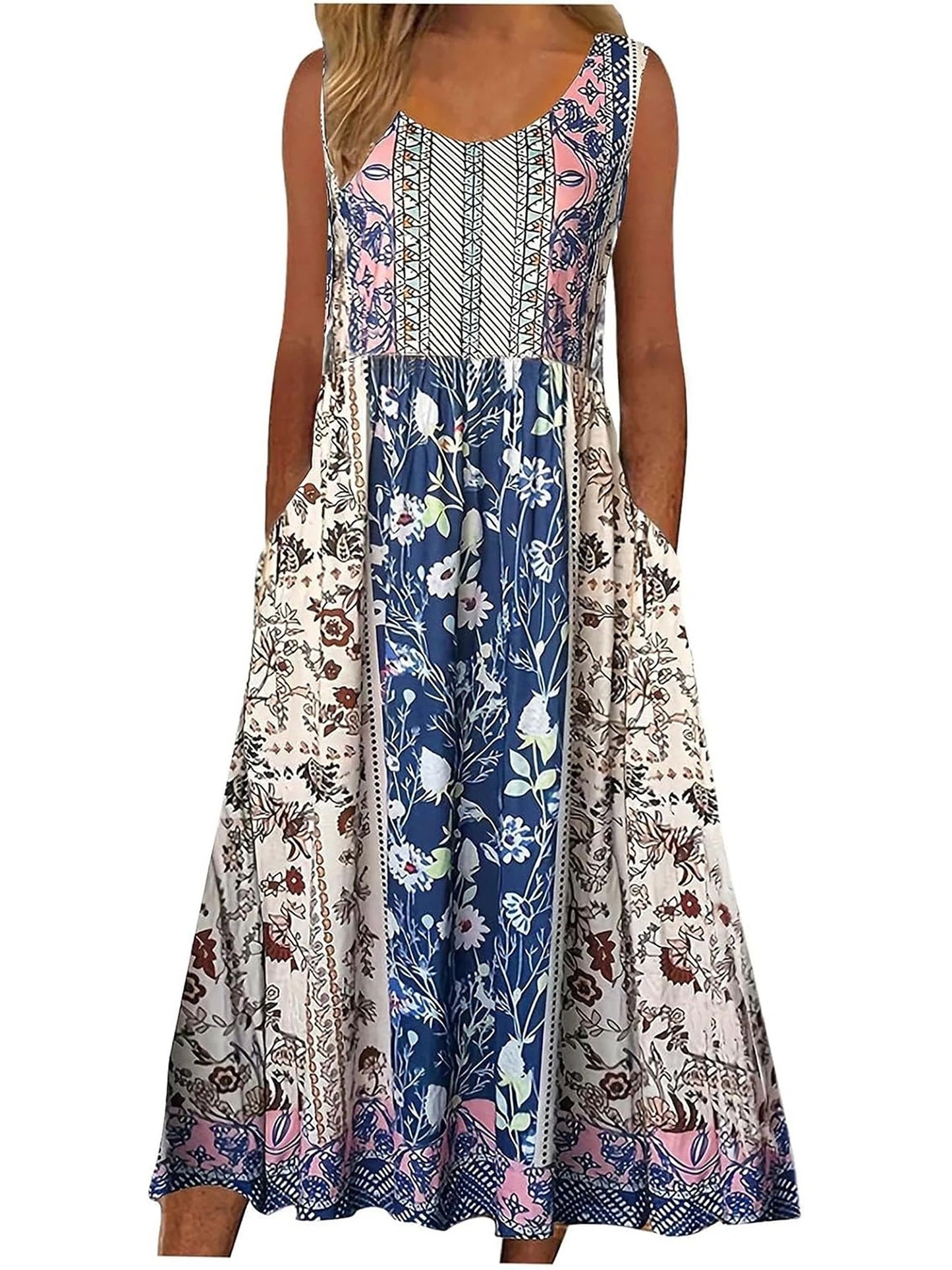 Womens Sleeveless Bohemian Floral Midi Sundress With Pockets 3