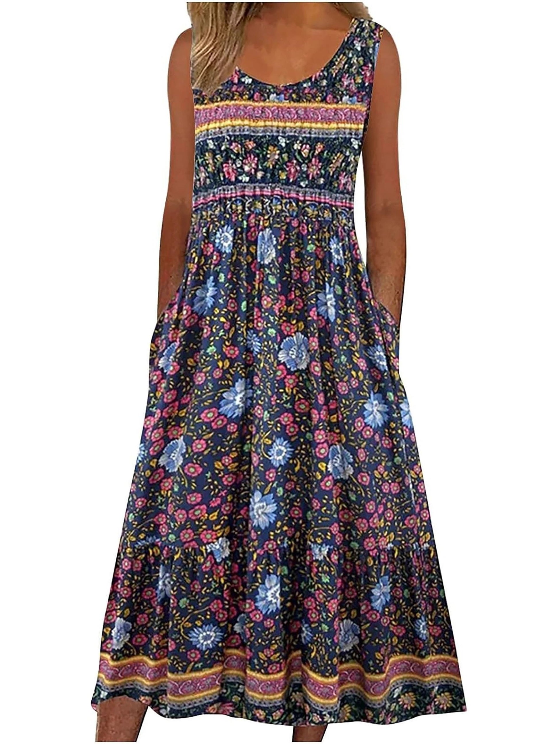 Womens Sleeveless Bohemian Floral Midi Sundress With Pockets 4