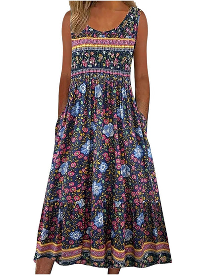 Womens Sleeveless Bohemian Floral Midi Sundress With Pockets 4