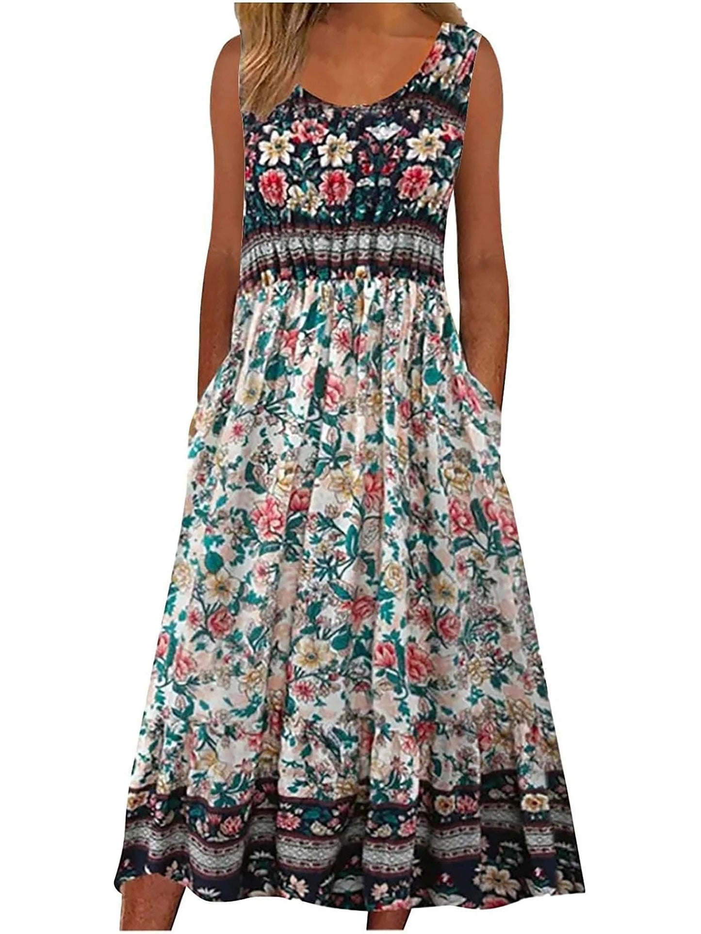 Womens Sleeveless Bohemian Floral Midi Sundress With Pockets 6