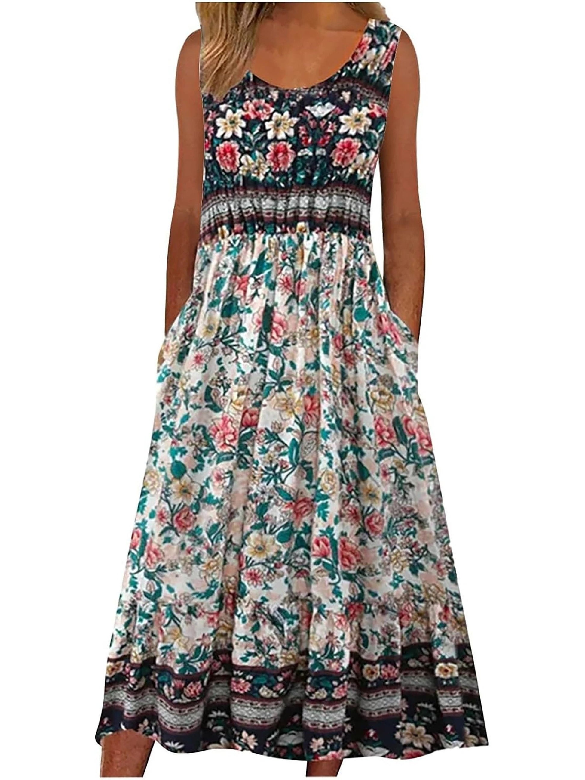 Womens Sleeveless Bohemian Floral Midi Sundress With Pockets 6