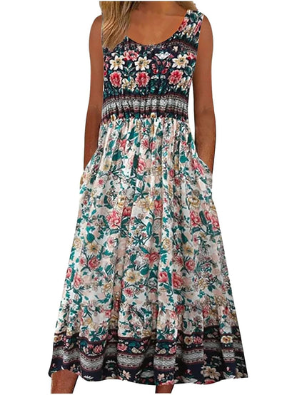 Womens Sleeveless Bohemian Floral Midi Sundress With Pockets 6