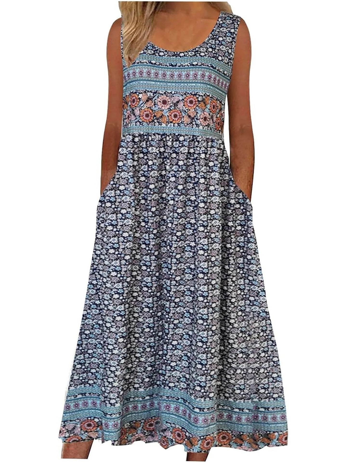 Womens Sleeveless Bohemian Floral Midi Sundress With Pockets 7