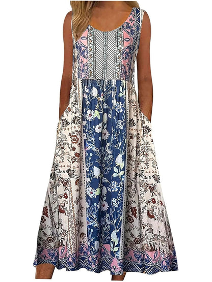 Womens Sleeveless Bohemian Floral Midi Sundress With Pockets 8