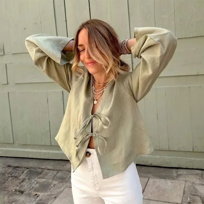 Green Linen Lace Up Long Sleeve V Neck Shirt for Women