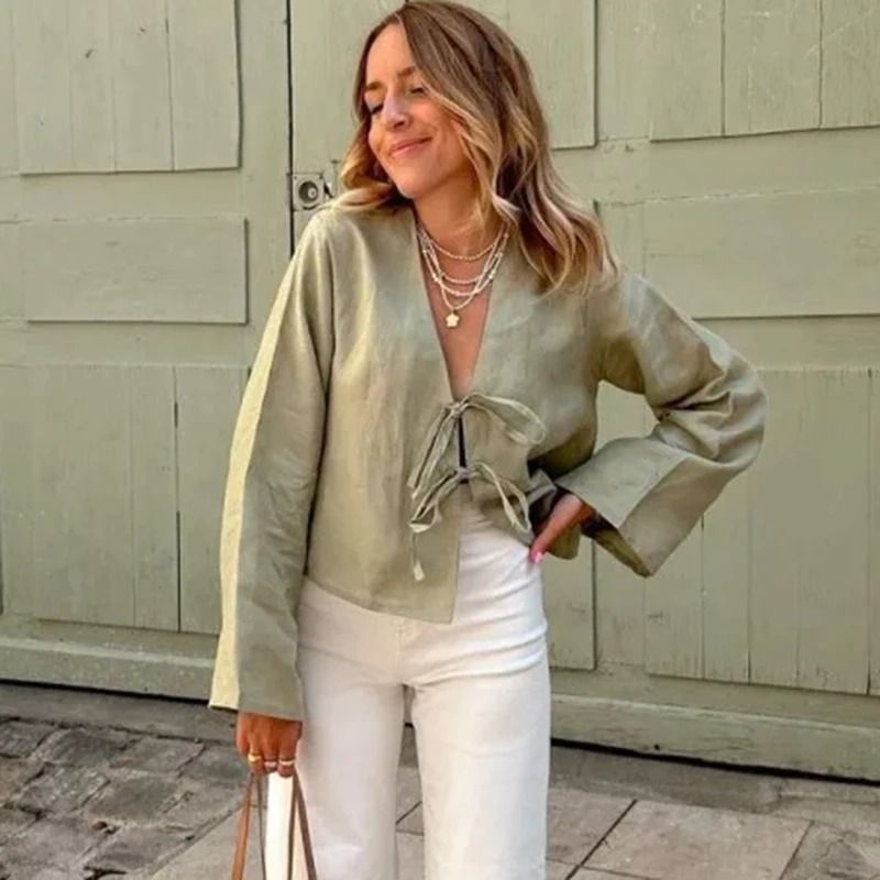 Green Linen Lace Up Long Sleeve V Neck Shirt For Women 2
