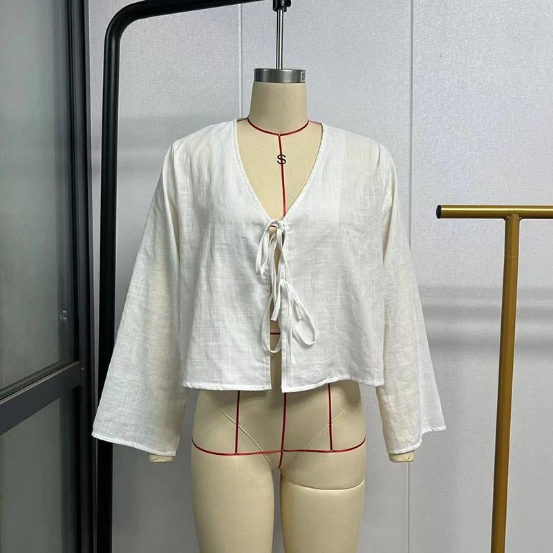 Green Linen Lace Up Long Sleeve V Neck Shirt For Women 5