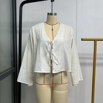 Green Linen Lace Up Long Sleeve V Neck Shirt For Women 5