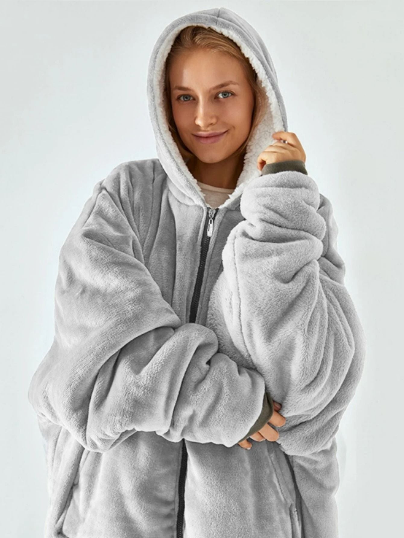 Solid Color Plush Hooded Zipper Nightgown With Velvet Lining For Women 2