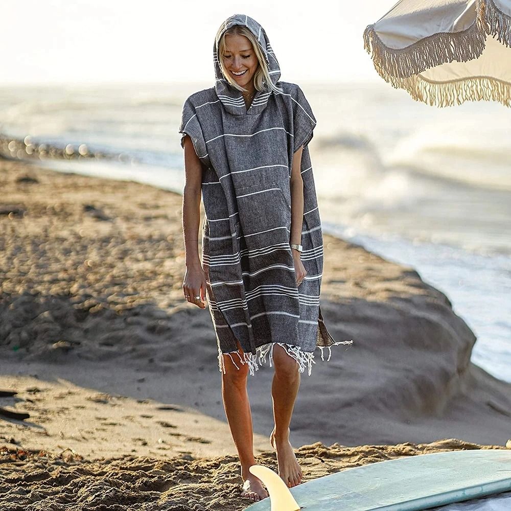 Turkish Wearable Beach Towel Sandproof Cotton Hooded Changing Poncho