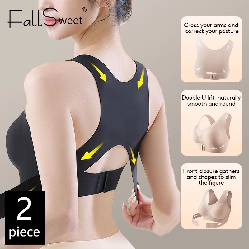 Womens Posture Correction Seamless Wireless Push Up Bra With Cross Back Support 1