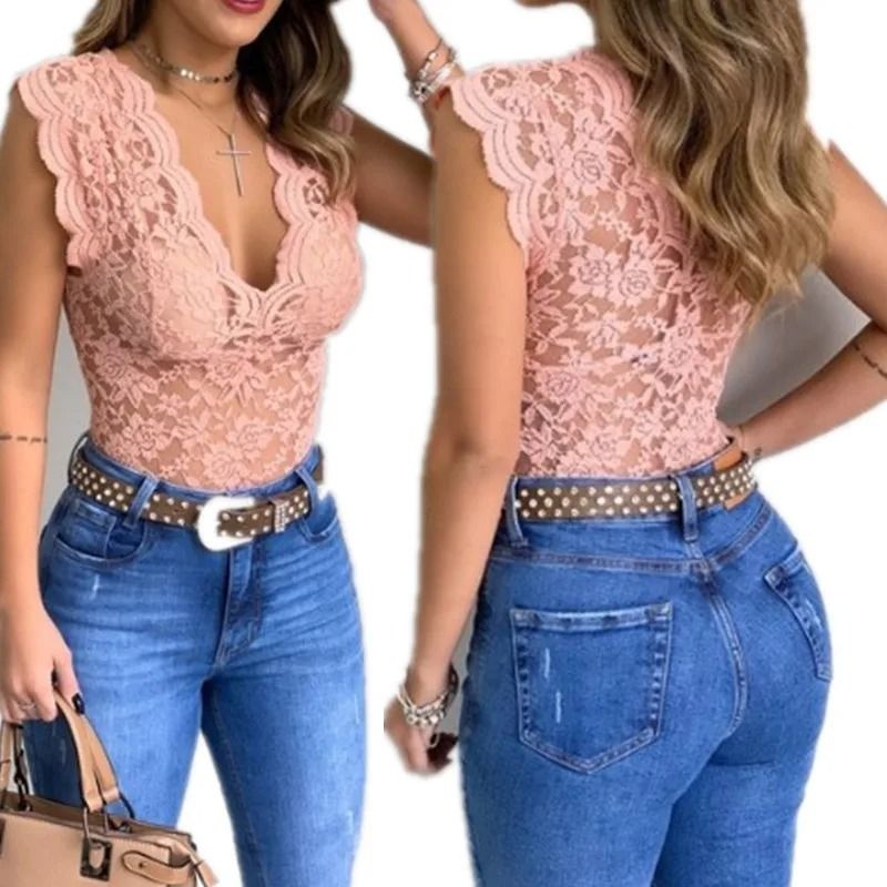 Womens V Neck Floral Lace Bodycon Tank Top