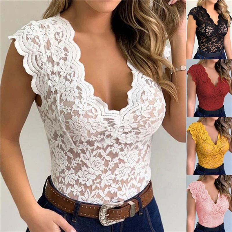 Womens V Neck Floral Lace Bodycon Tank Top 1