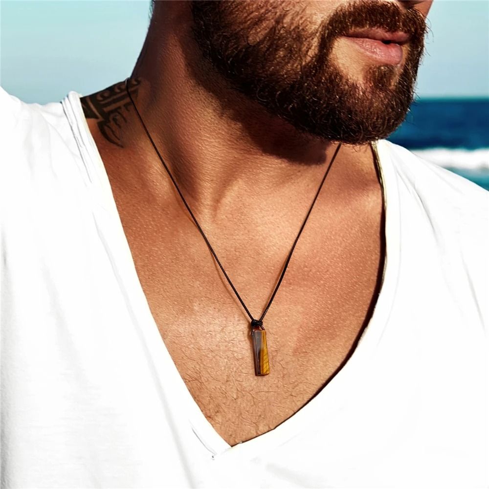 Mens Vintage Rectangle Gemstone Pendant Necklace With Leather Rope 2