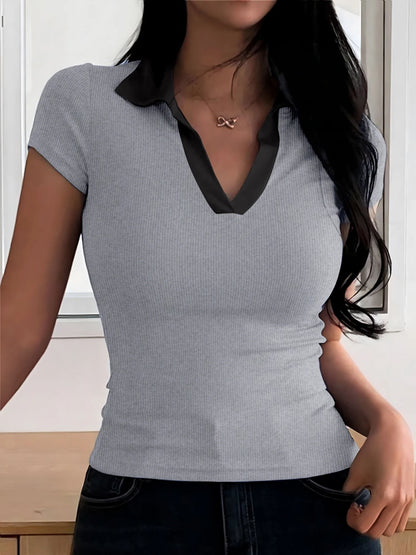 Womens Summer Color Block V Neck Polo Shirt 8