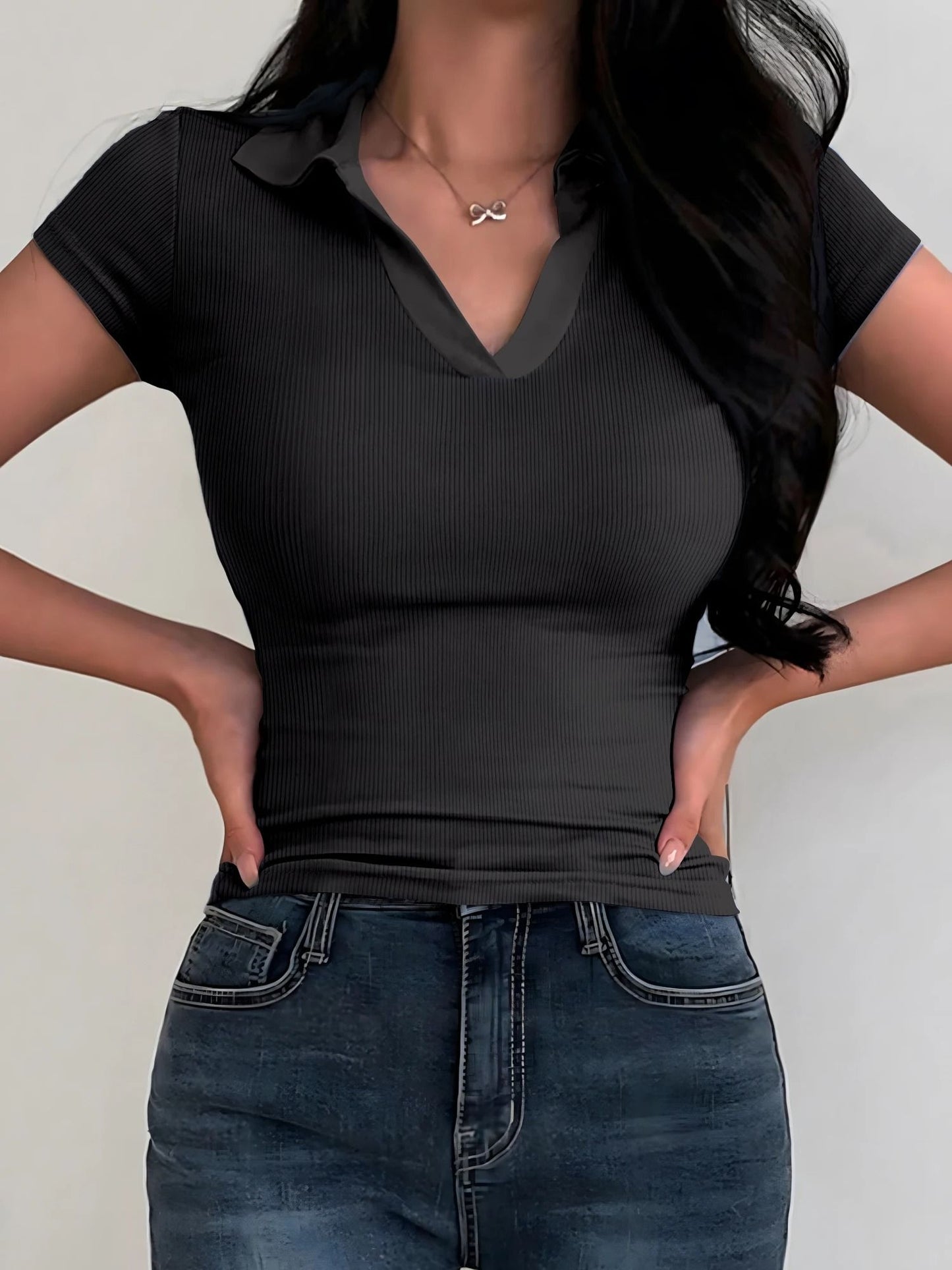Womens Summer Color Block V Neck Polo Shirt 1