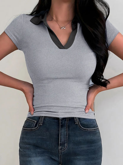 Womens Summer Color Block V Neck Polo Shirt 4