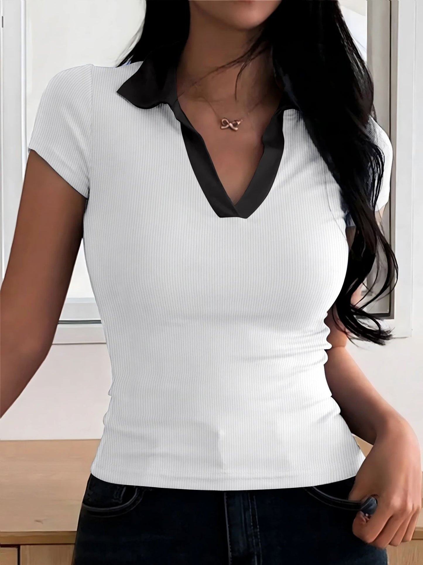 Womens Summer Color Block V Neck Polo Shirt 6