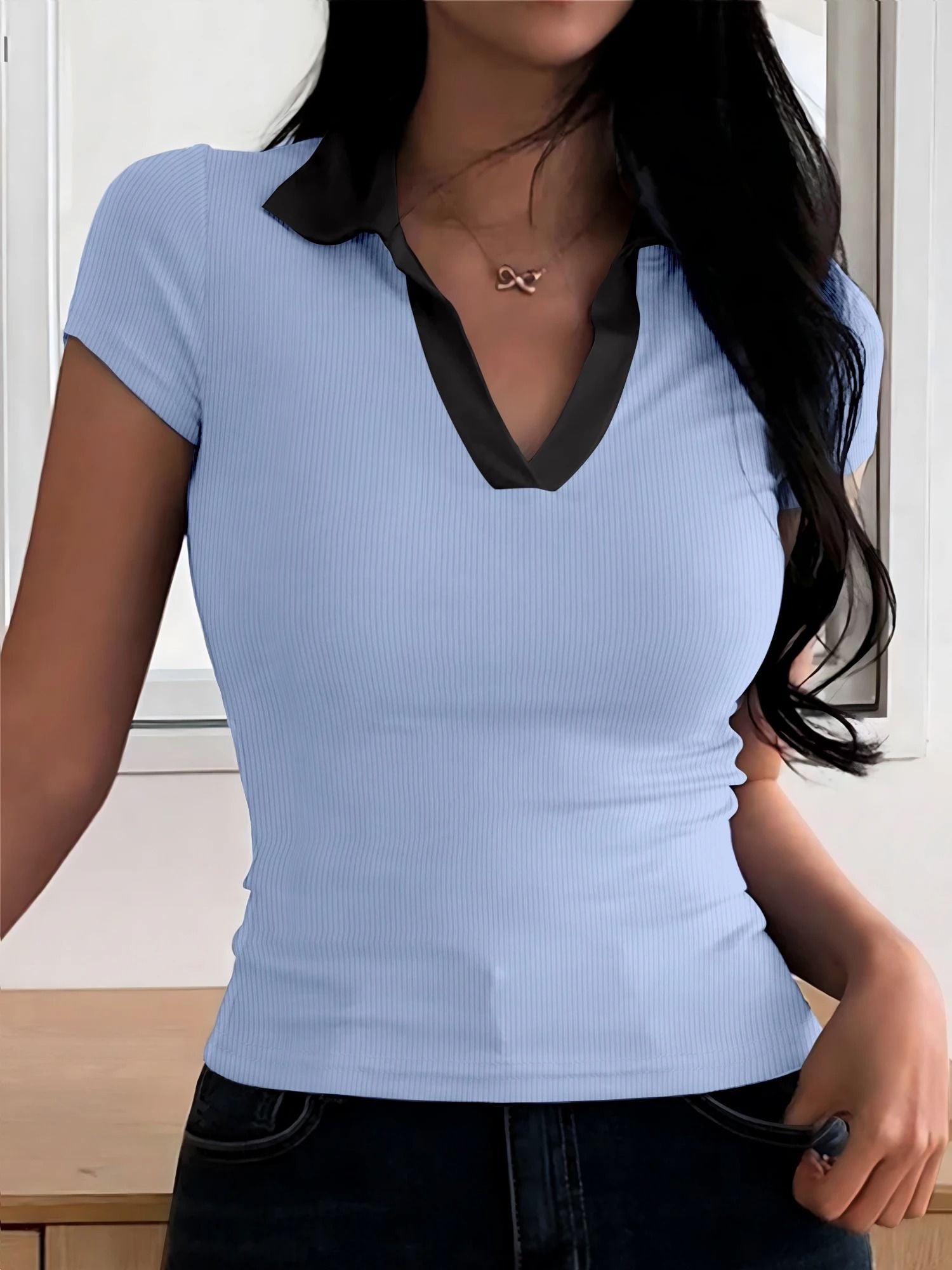 Womens Summer Color Block V Neck Polo Shirt 7