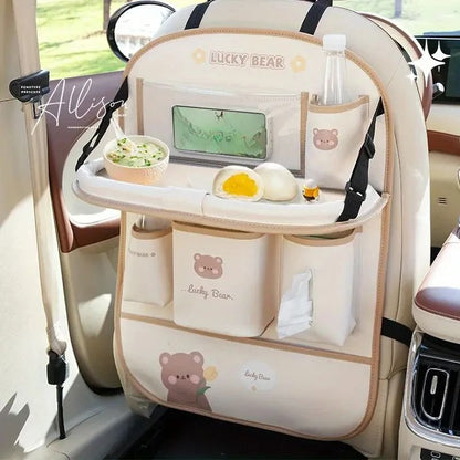 Leather Car Seat Back Organizer With Foldable Table And MultiFunction Storage 6