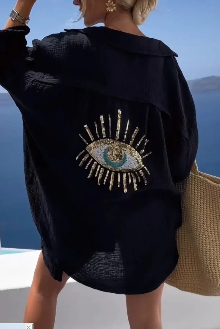 Casual Bright Sequin Evil Eye Long Sleeve Cotton Blouse 2