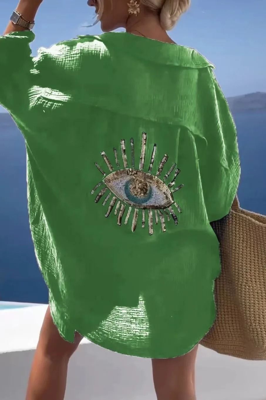 Casual Bright Sequin Evil Eye Long Sleeve Cotton Blouse 4