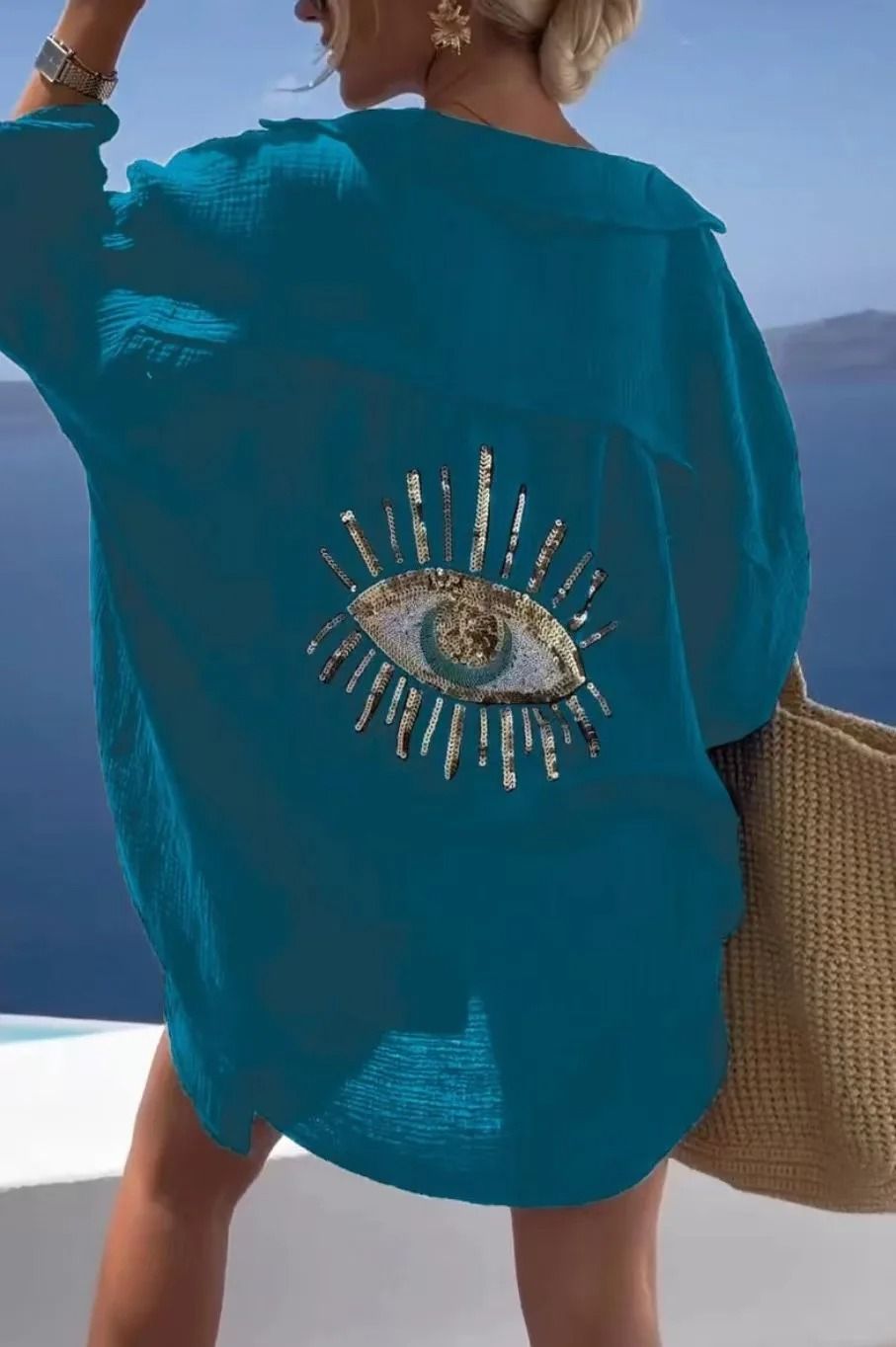 Casual Bright Sequin Evil Eye Long Sleeve Cotton Blouse 5