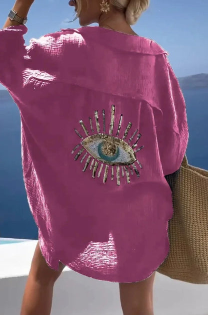 Casual Bright Sequin Evil Eye Long Sleeve Cotton Blouse 6