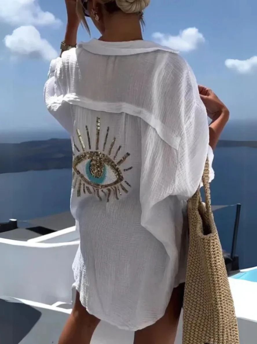 Casual Bright Sequin Evil Eye Long Sleeve Cotton Blouse 8