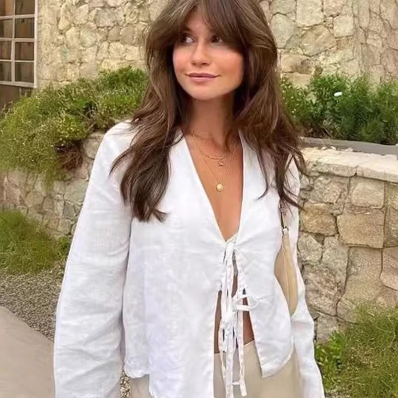 Loose Lace Up Bow V Neck Flare Sleeve Women Blouse