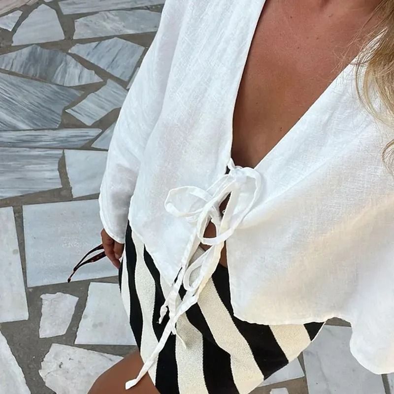 Loose Lace Up Bow V Neck Flare Sleeve Women Blouse 1