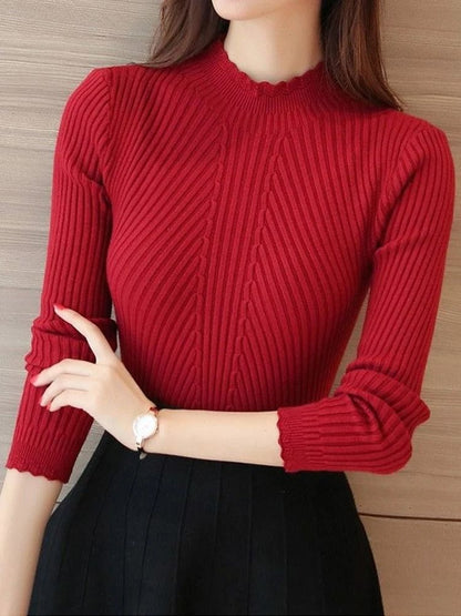 Women Mock Neck Ruffle Sweater With Long Sleeves
