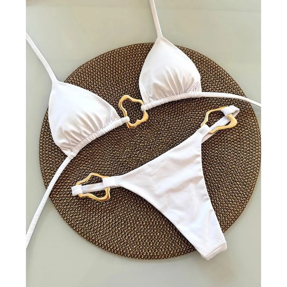 Women Solid Color Lace Up Bikini Two Piece Swimsuit 10