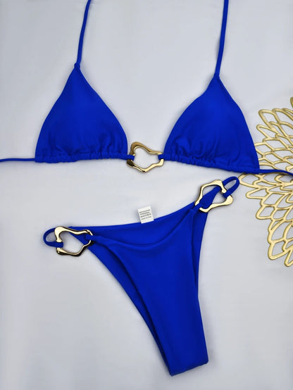 Women Solid Color Lace Up Bikini Two Piece Swimsuit 11