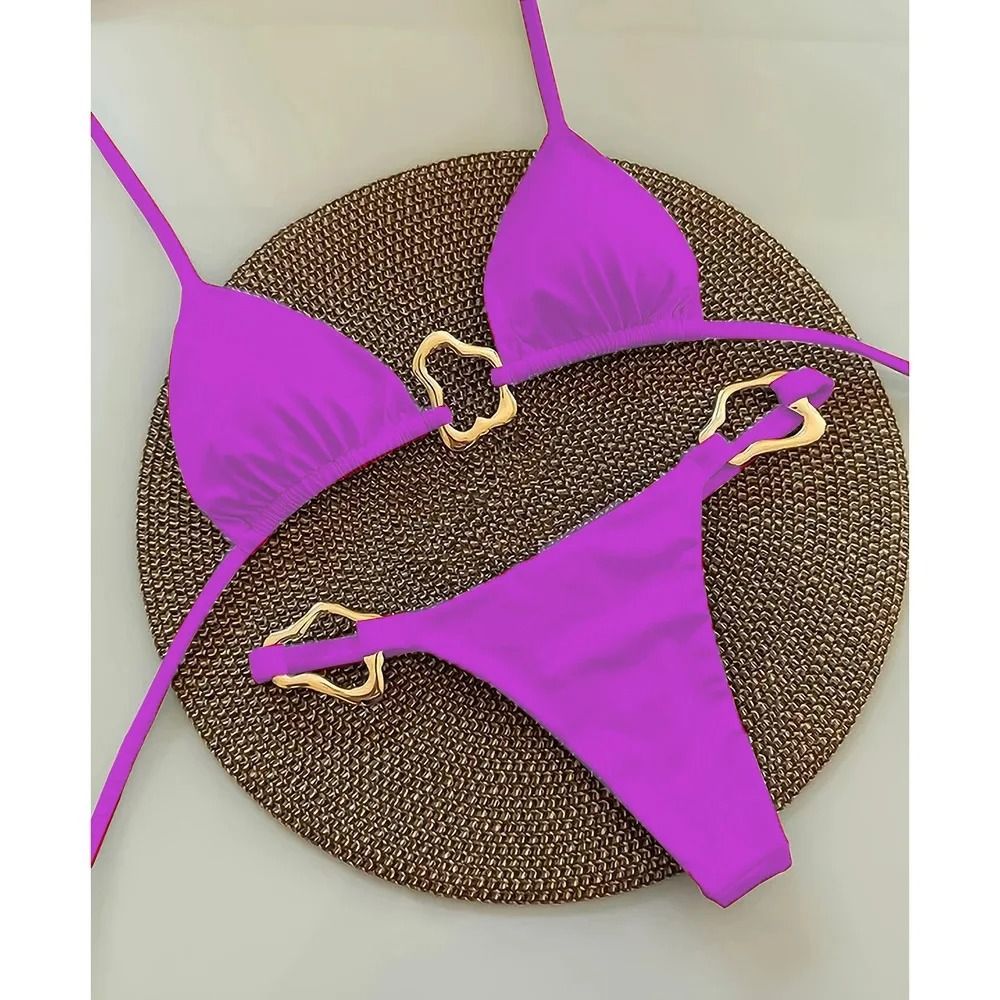 Women Solid Color Lace Up Bikini Two Piece Swimsuit 3