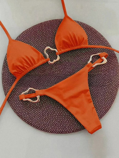 Women Solid Color Lace Up Bikini Two Piece Swimsuit 4
