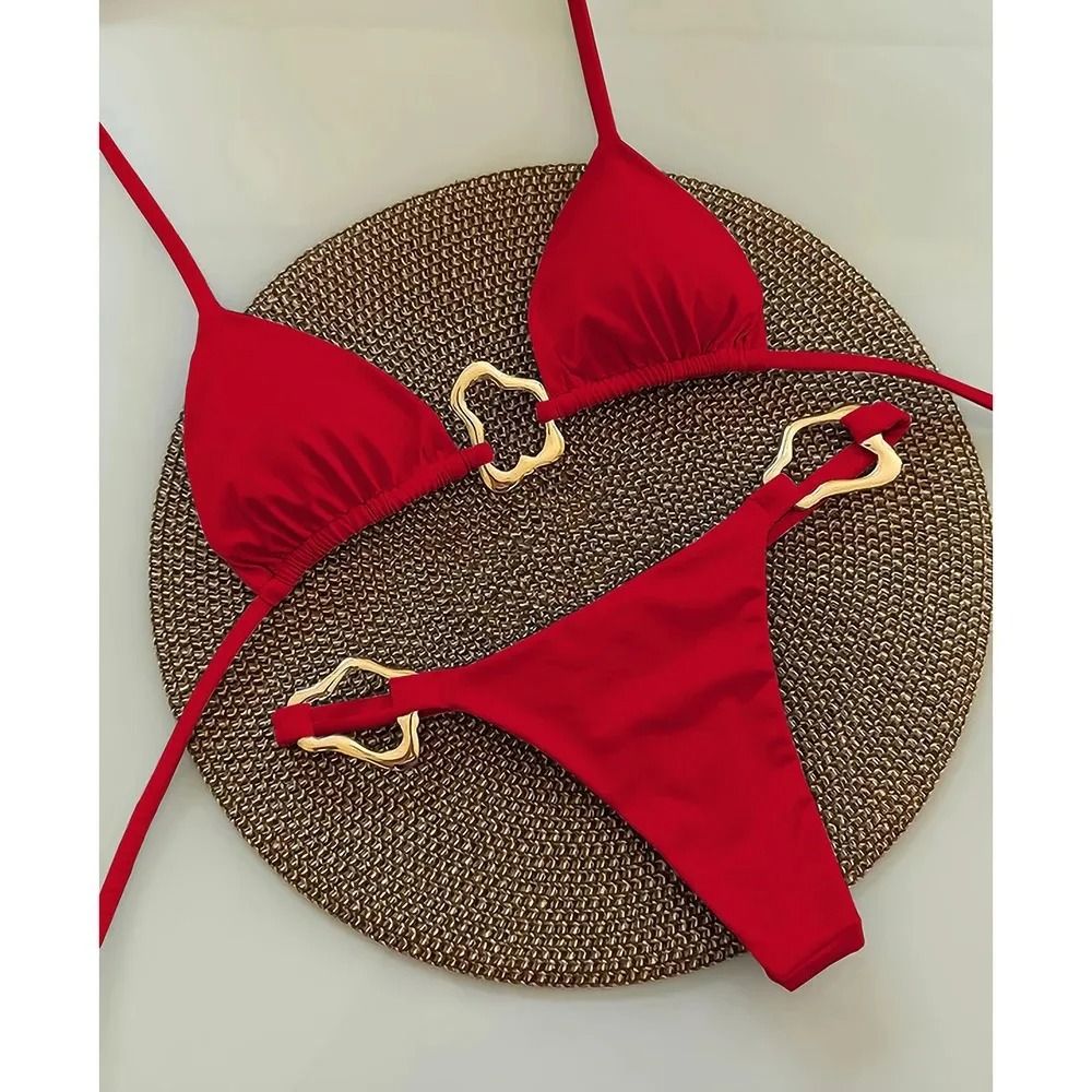 Women Solid Color Lace Up Bikini Two Piece Swimsuit 6
