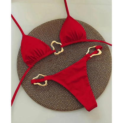 Women Solid Color Lace Up Bikini Two Piece Swimsuit 6