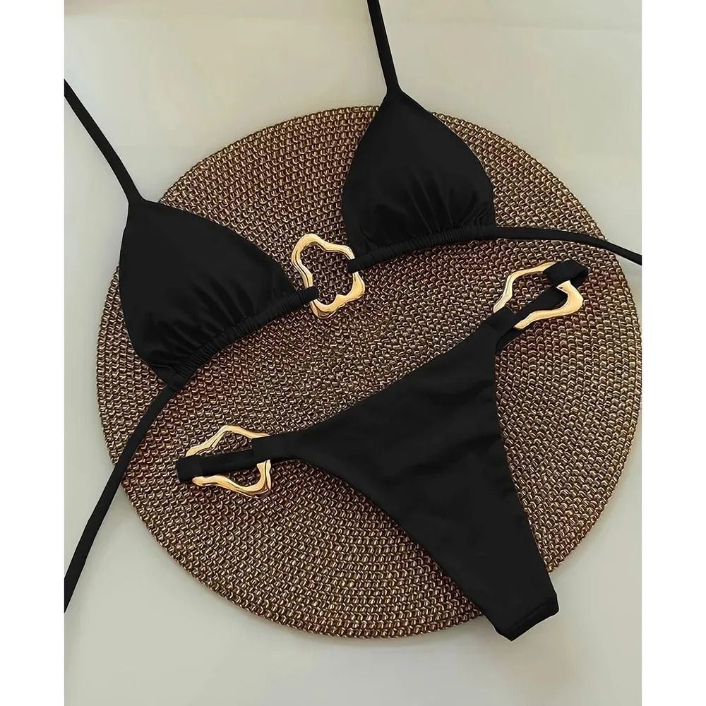 Women Solid Color Lace Up Bikini Two Piece Swimsuit 8