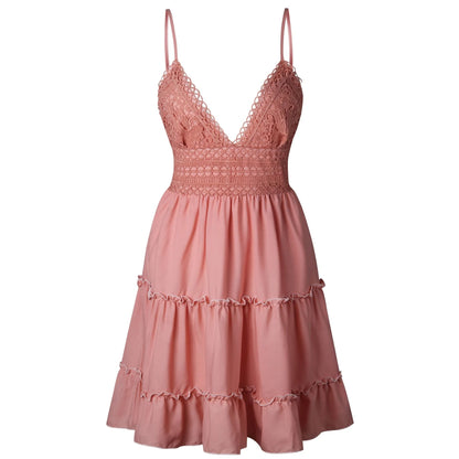 Women Fashion Solid Color Lace Strap Elegant Summer Dress Seaside Vacation Wear 5
