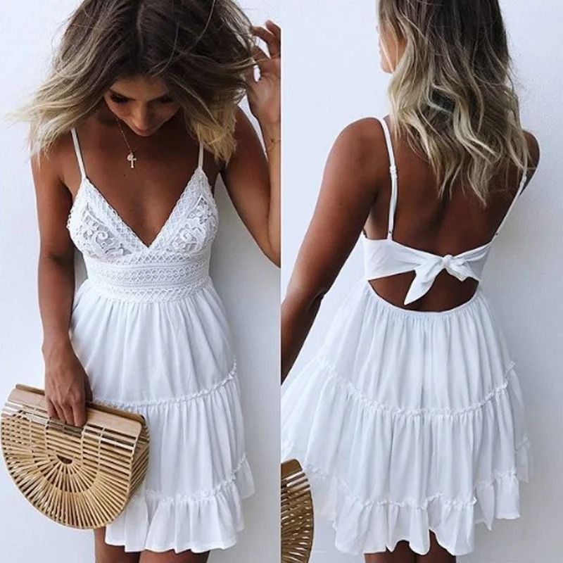 Women Fashion Solid Color Lace Strap Elegant Summer Dress Seaside Vacation Wear 7