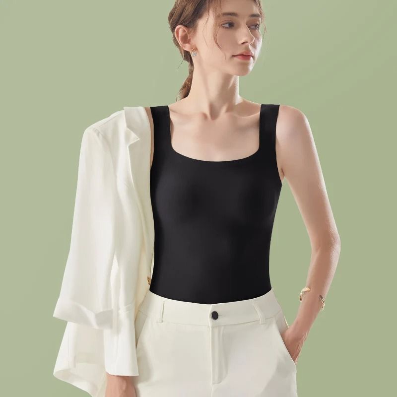 HELIAR Women Seamless Crop Tank Top With Bra Pad Square Collar Ice Silk Comfort 1