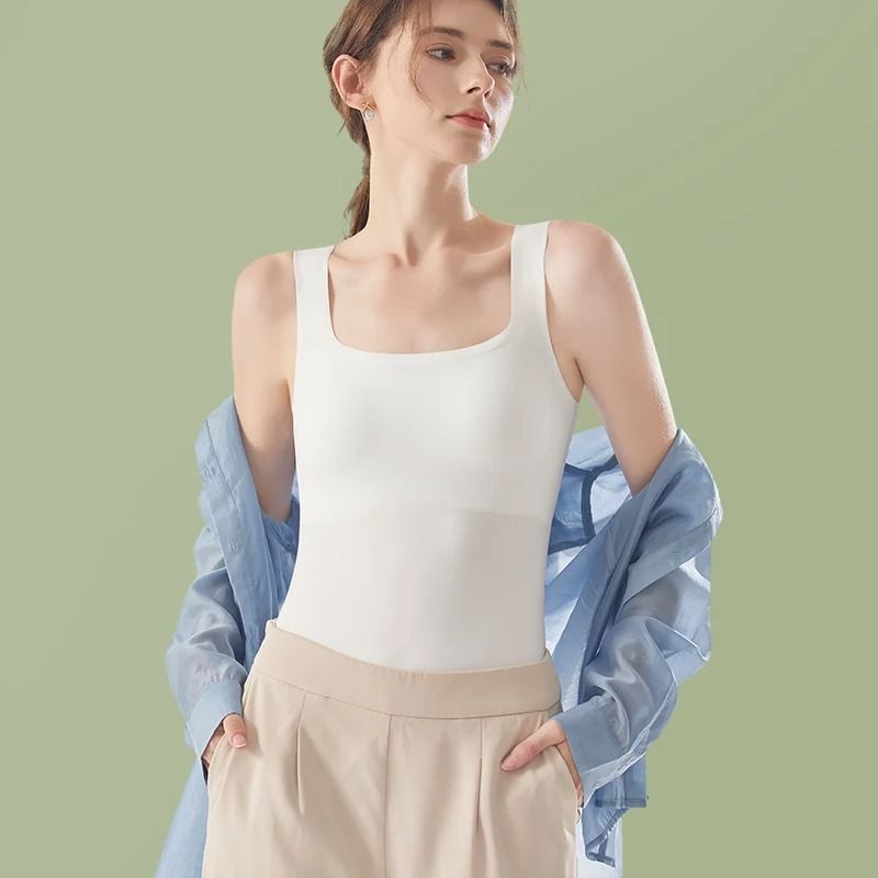 HELIAR Women Seamless Crop Tank Top With Bra Pad Square Collar Ice Silk Comfort 2