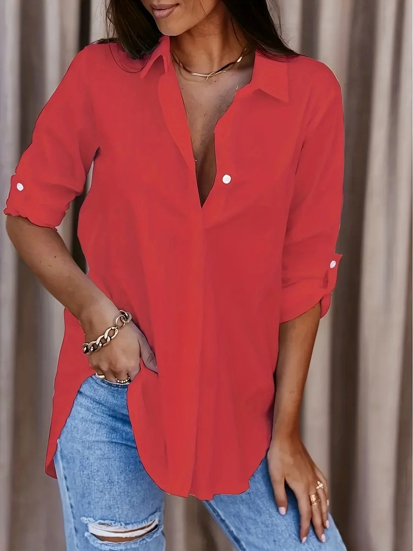 Women Plus Size Formal Long Sleeve Button Up Shirt With Collar 7