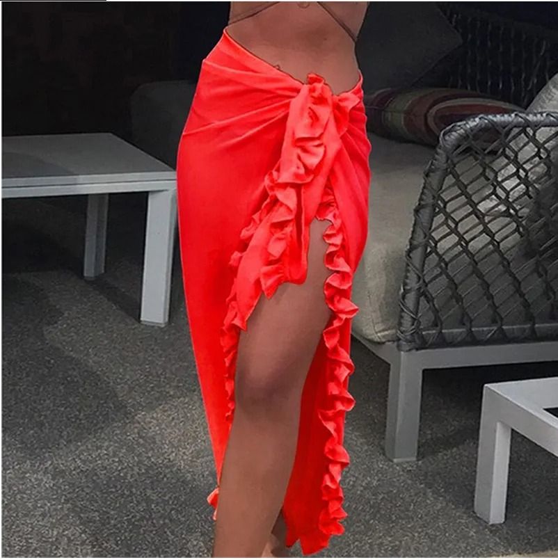 Womens Ruffle Sarong Cover Up Beach Wrap Tie Bikini Skirt 9
