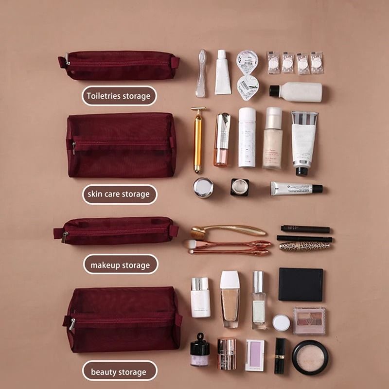 4in1 Detachable Mesh Travel Makeup Organizer Bag  RollUp Cosmetic Pouch 4