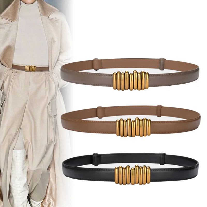 Adjustable PU Leather Ladies Belt, Elegant Gold Alloy Buckle, Versatile High Quality Women's Dress Waistband